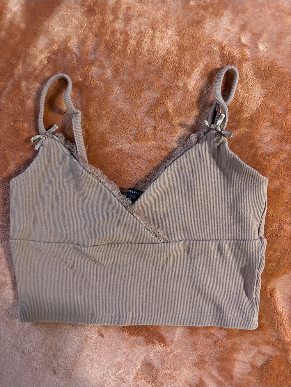 Ribbed Lace Trim Brami in Taupe